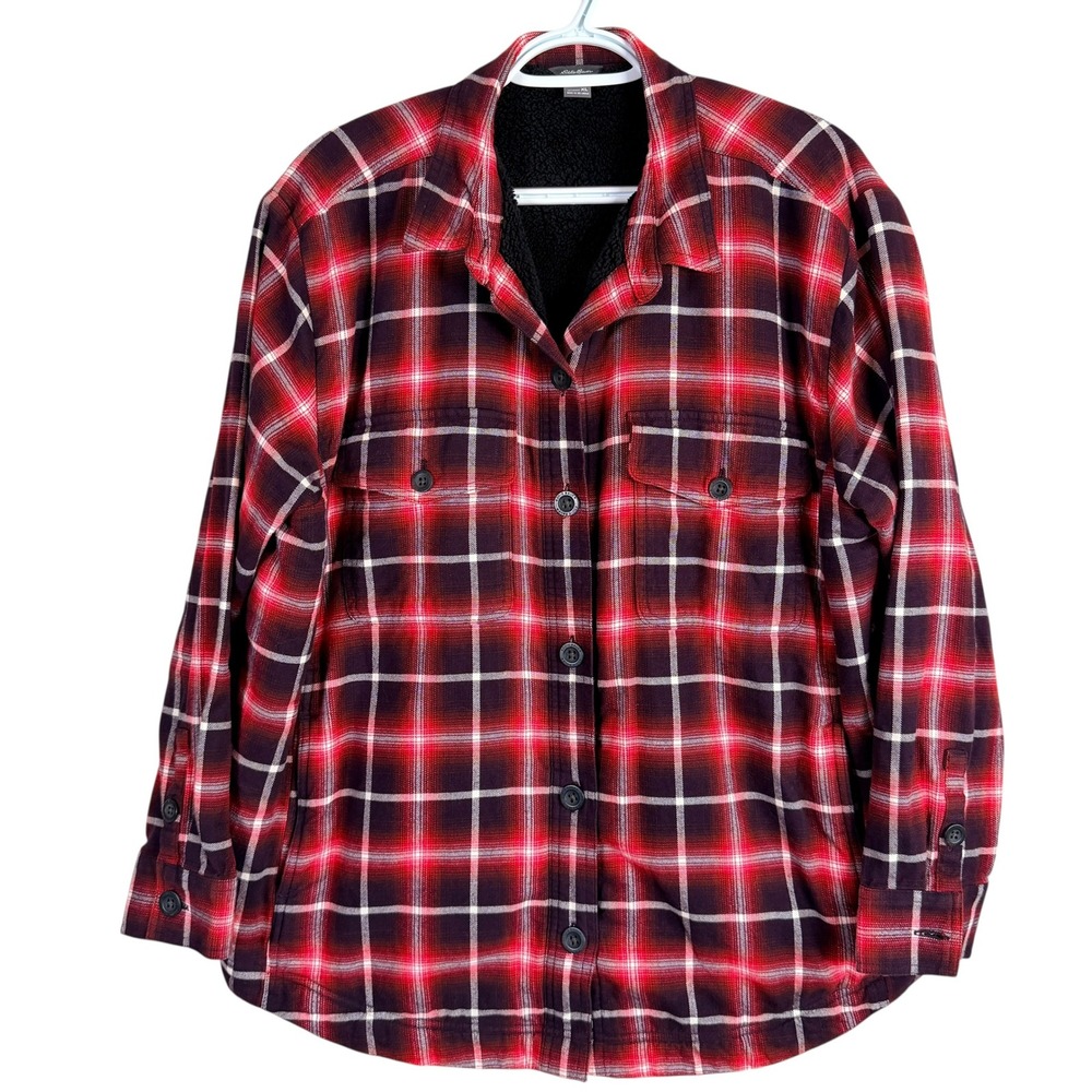 Eddie Bauer Sherpa Lined‎ Flannel Shirt Jacket Shacket Women XL Red Plaid